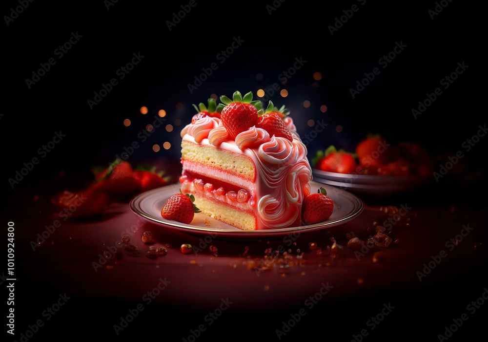 Poster a slice of strawberry cake with pink frosting and a strawberry on top sits on a plate with a few oth