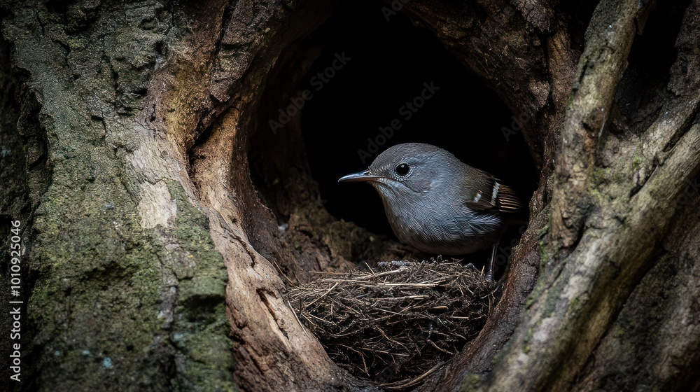 Poster A bird sits in its nest within a tree hollow, surrounded by natural textures.