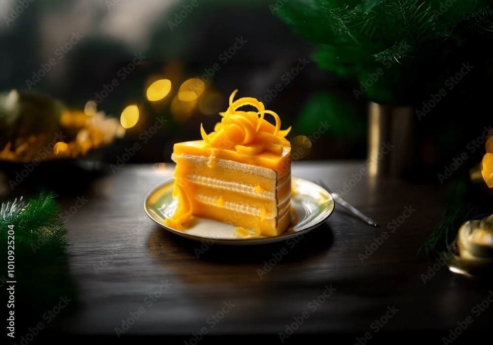 Poster A slice of mango cake sits on a plate with a fork next to it. The cake is topped with a swirl of mango.