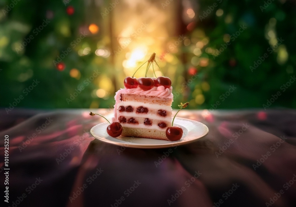 Poster a slice of cake with pink frosting and cherries sits on a white plate with a blurred green and yello
