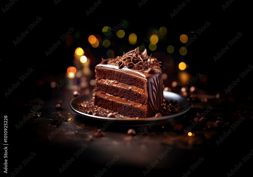 Poster A single slice of chocolate cake with a dark background and soft bokeh lights.