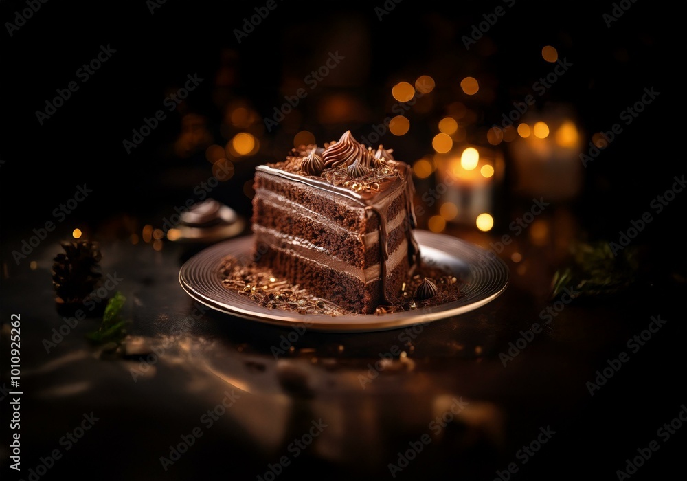 Poster A single slice of chocolate cake on a plate,  covered in chocolate frosting and drizzled with chocolate sauce. It is on a dark table with out of focus warm lighting in the background.