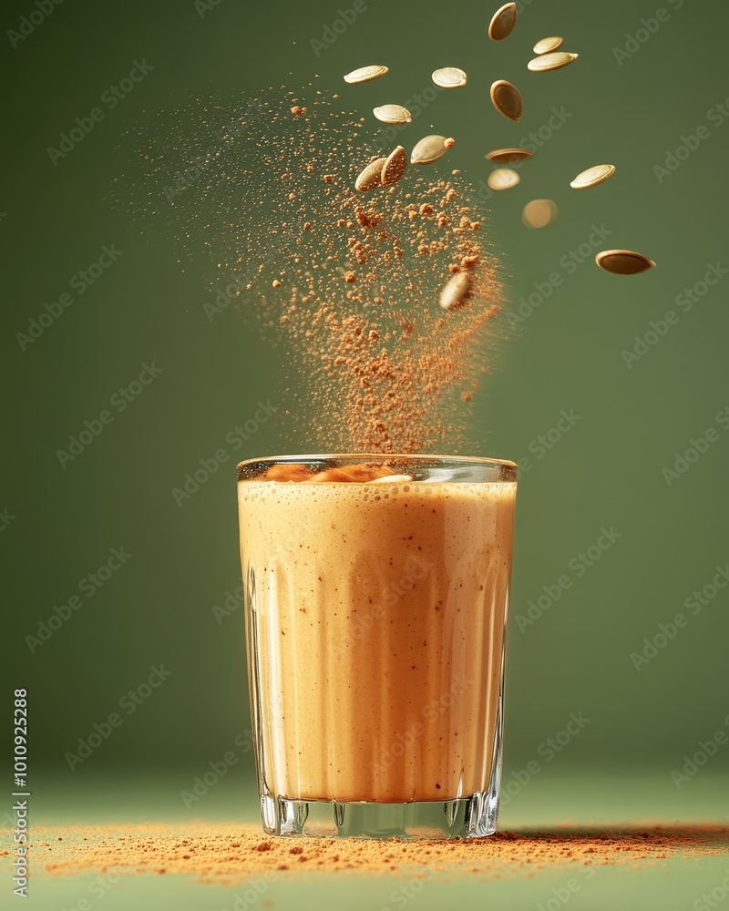 Poster a smoothie in a glass with toppings and spices floating above it.
