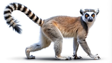 Fototapeta premium Isolated walking lemur against a white background, tailored for wildlife photography. Excellent choice for capturing the essence of animal behavior and natural beauty.