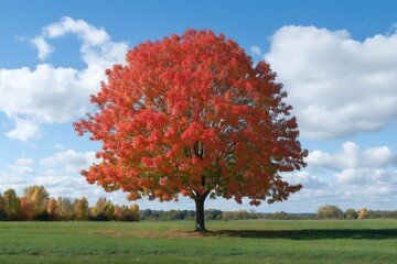Naklejka premium Maple Tree, Leaves Are Beginning to Turn From Green to Red in Autumn in the Country, Tree Photography, Landscape Photography