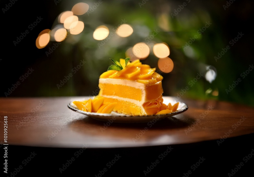 Poster a slice of mango cake, with a sprig of mint, sits on a plate surrounded by mango slices on a wooden 