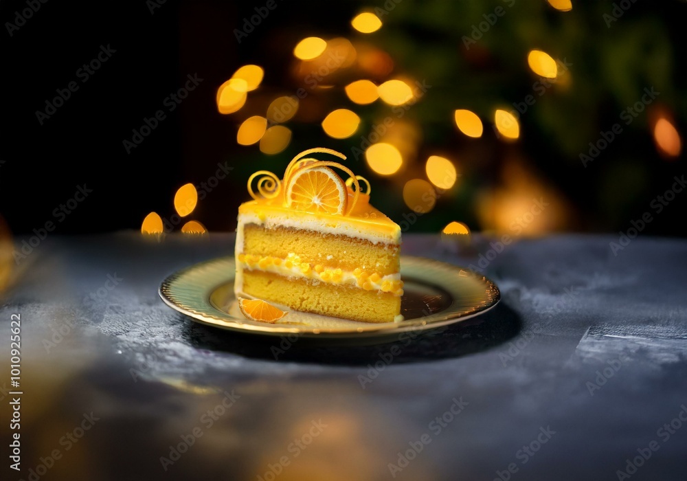 Poster a slice of cake topped with a citrus fruit and a swirl of zest, on a plate, against a background of 