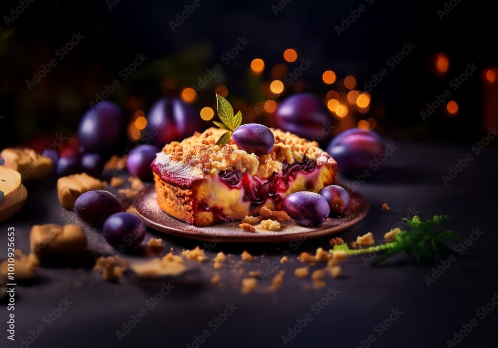 Poster a slice of plum cake with a crumb topping sits on a plate surrounded by fresh plums.