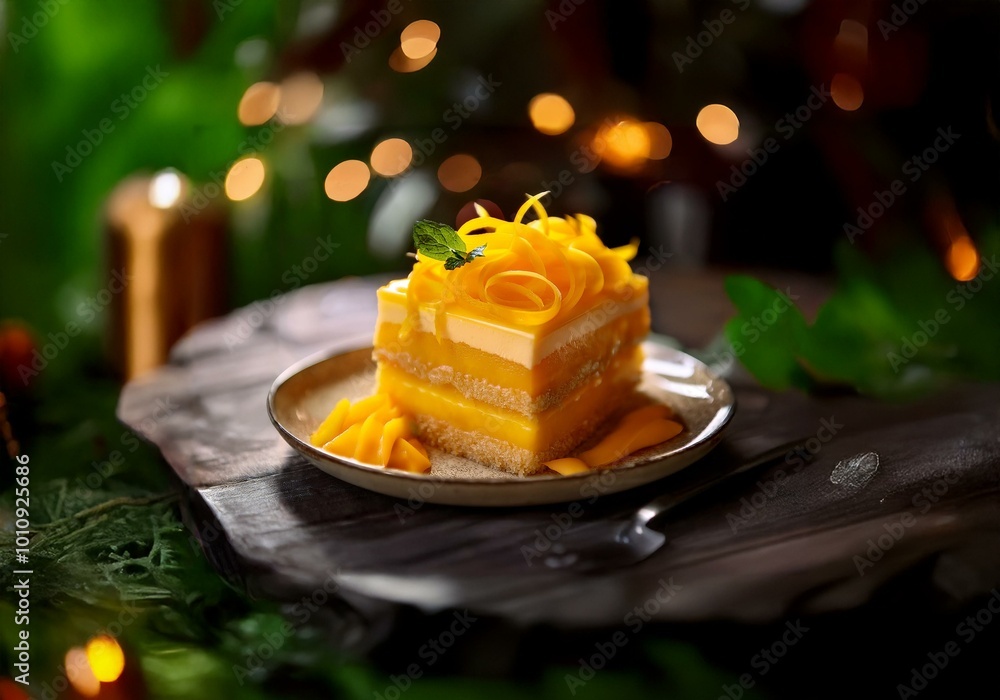 Poster a single serving of mango cake, garnished with mango curls and a sprig of mint, rests on a small pla