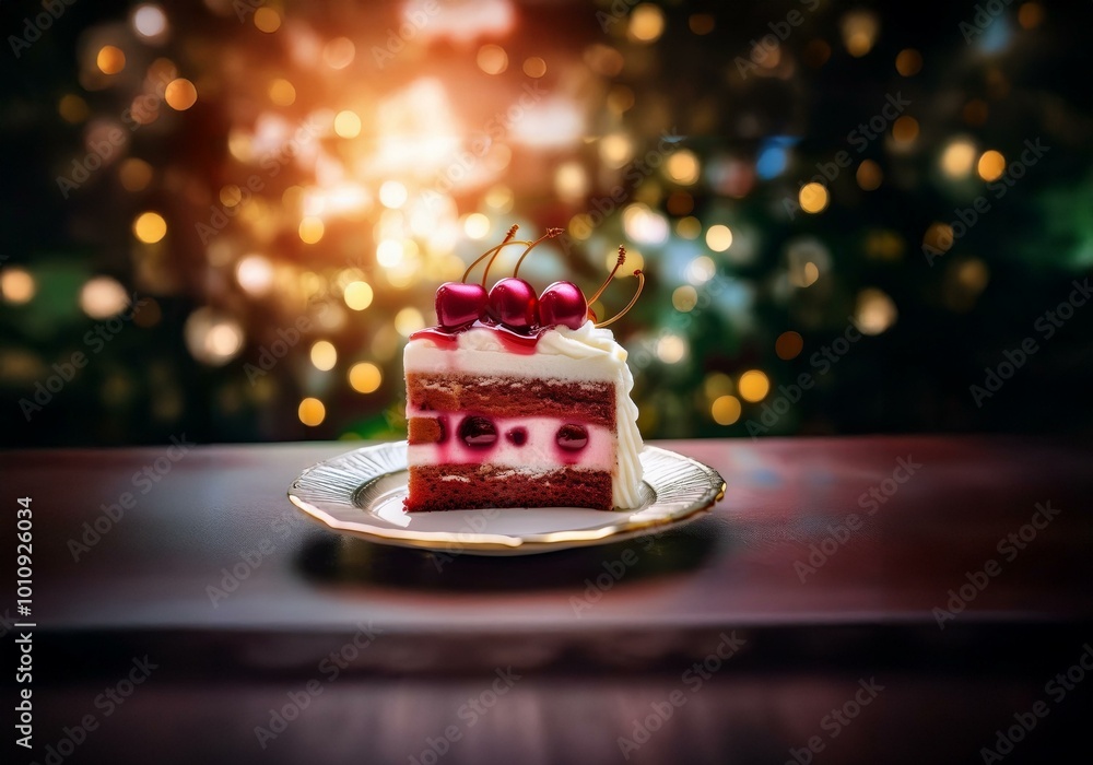Aufkleber a single slice of cake, decorated with cherries, sits on a white plate with gold trim. the cake is a
