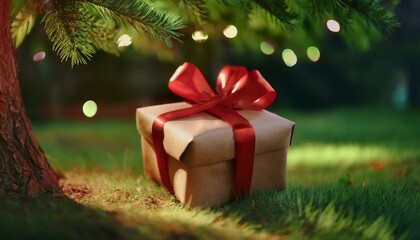 A small gift wrapped in a shiny red ribbon, lying beautifully under the Christmas tree, adding to the festive atmosphere.