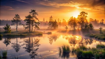 Naklejka premium Gentle morning mist drapes the serene swamp, transforming it into a mystical realm. Dawn breaks softly, revealing natureâ€™s quiet beauty and the peace of awakening life.