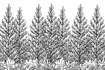 Coloring book illustration of a plantation featuring young green fir trees including nordmann fir and other fir varieties cultivated for holiday celebrations in winter