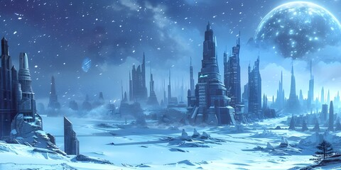 Futuristic city in the middle of a snowy mountain with a moon in the sky