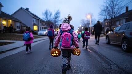 Obraz premium A group of children in Halloween costumes, excitedly trick-or-treating in a neighborhood decorated with glowing jack-o'-lanterns and spooky decorations. The dim streetlights cast an eerie glow on the