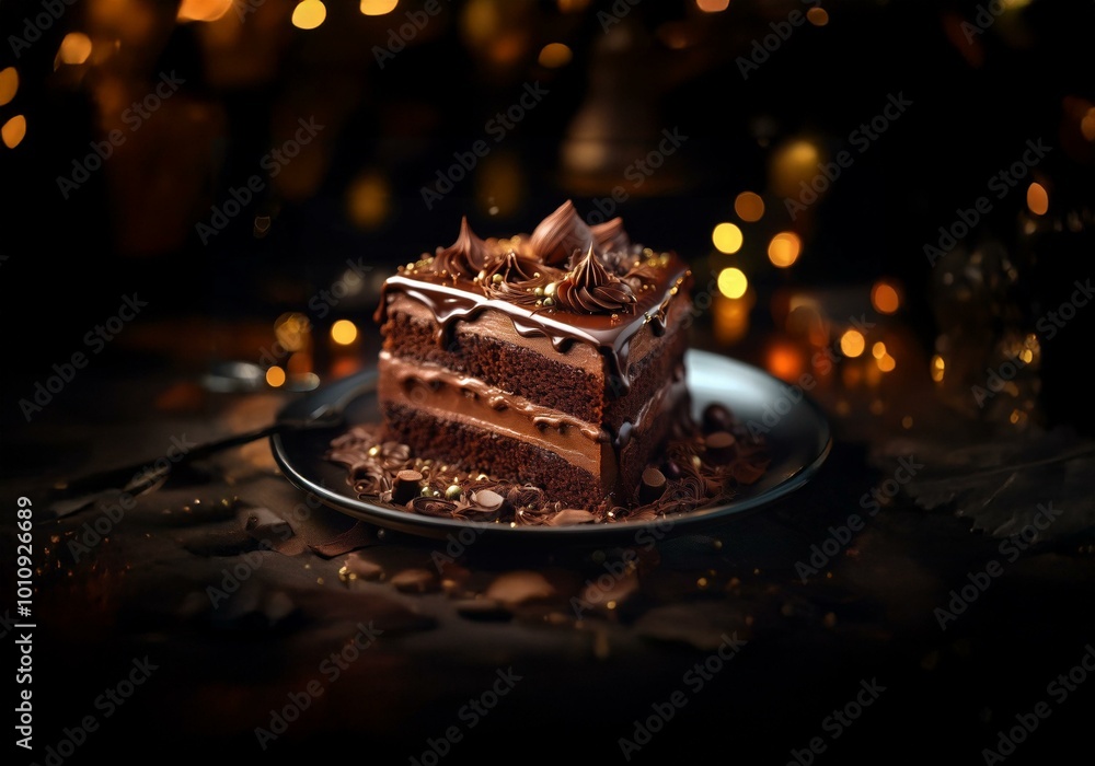Poster a single slice of chocolate cake with a dark chocolate glaze and frosting sits on a black plate agai