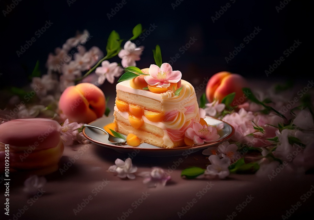 Poster a slice of cake with peach filling and whipped cream is decorated with pink flowers and a green leaf