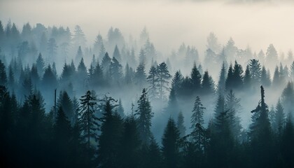 A dense, foggy forest at dawn, where the silhouettes of towering trees fade softly into the mist, creating a serene and mystical atmosphere as the first light of day breaks through