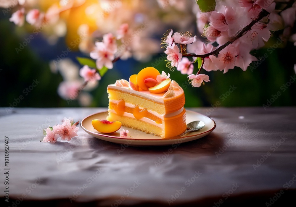 Poster a slice of layered cake with peach filling and frosting, decorated with peach slices, on a plate wit
