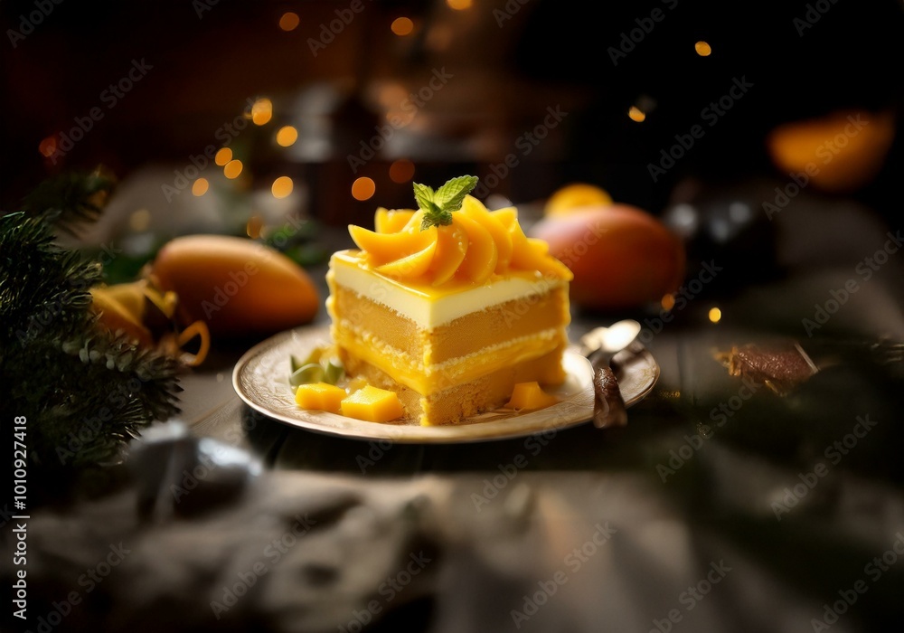 Poster A slice of layered cake with mango topping sits on a plate with a sprig of mint.