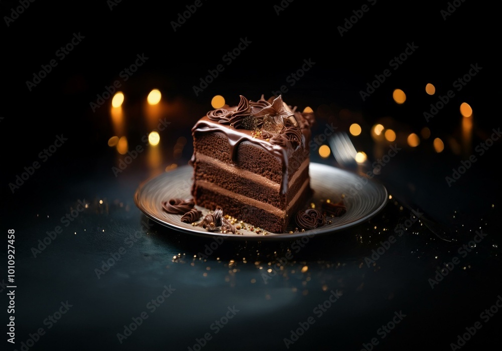 Poster a slice of chocolate cake sits on a plate with a blurred background of warm lights.