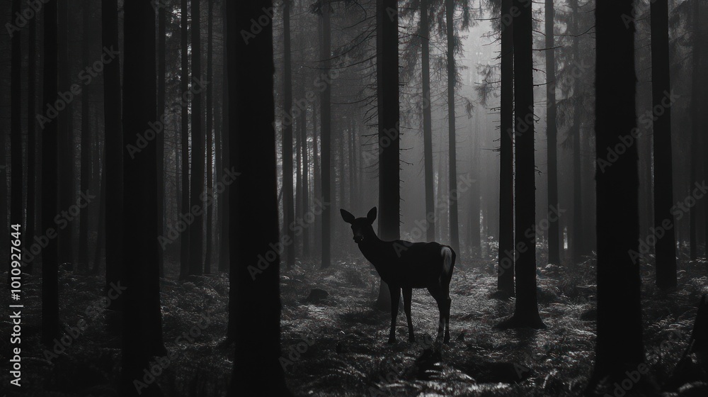 Canvas Prints A solitary deer stands in a misty, dark forest, creating a mysterious and serene atmosphere.