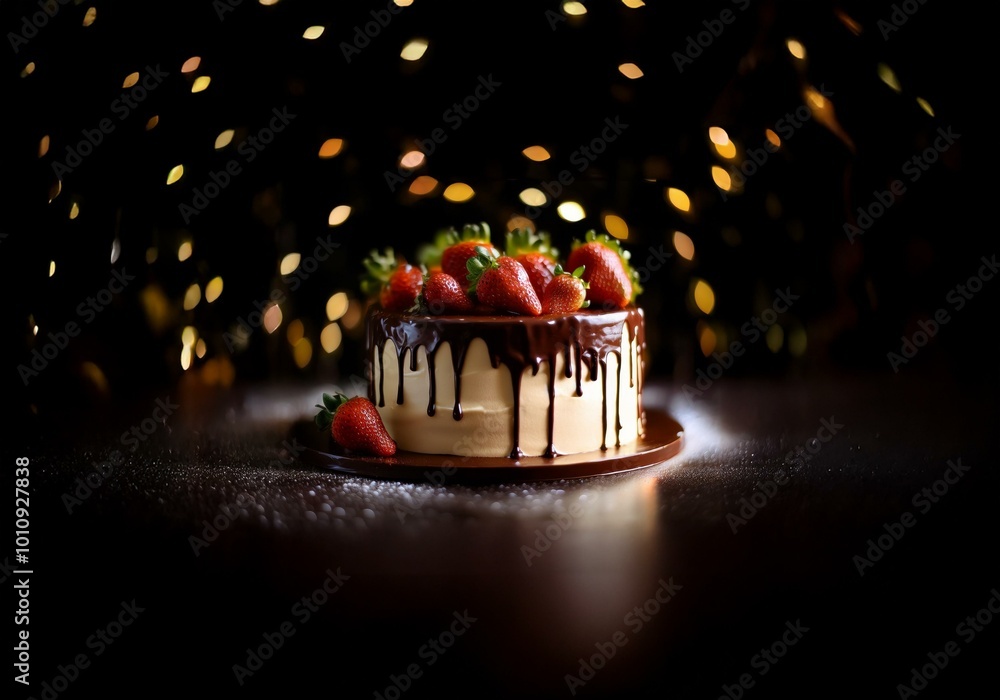 Poster a chocolate cake drizzled with chocolate ganache and topped with fresh strawberries sits on a black 