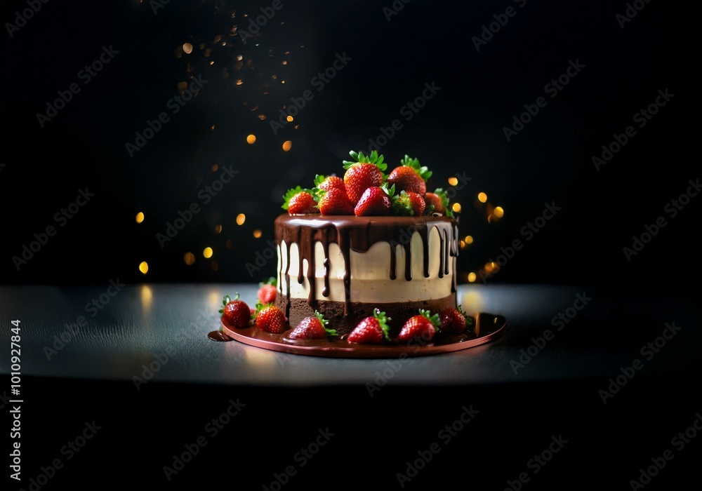Poster A layered chocolate and vanilla cake with strawberries sits on a plate in front of a dark background with warm bokeh lights.