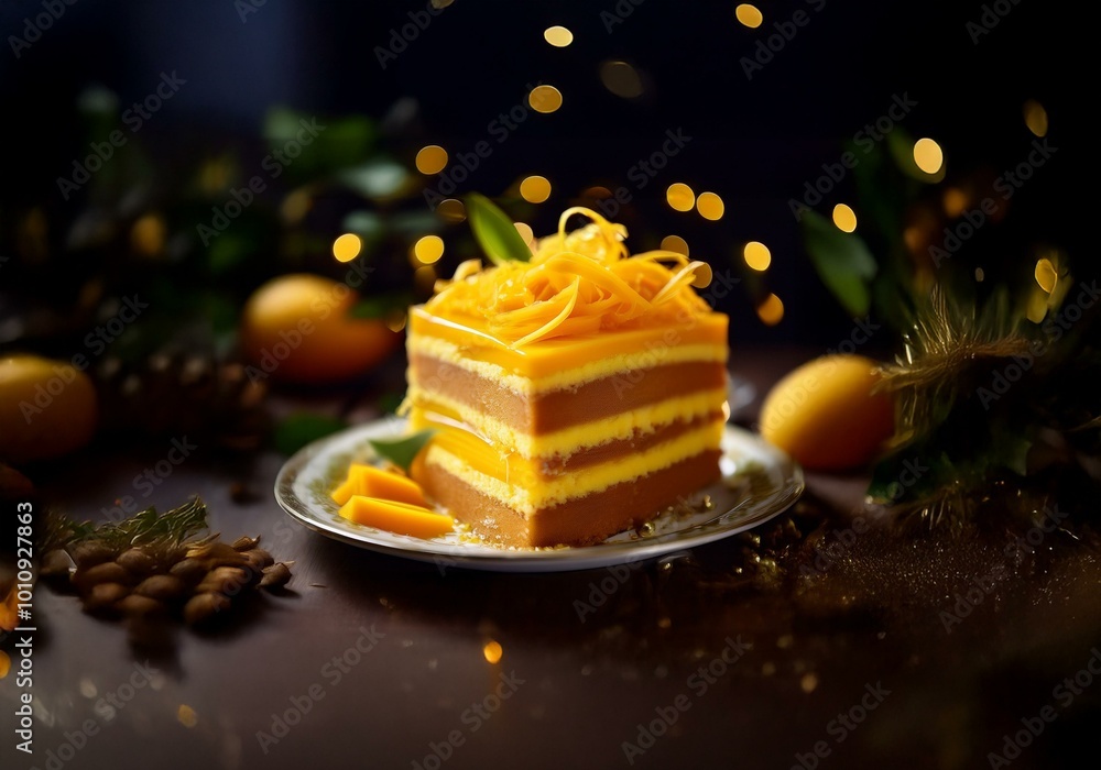Poster A layered cake with mango filling is topped with mango slices and sits on a plate with blur lights in the background.
