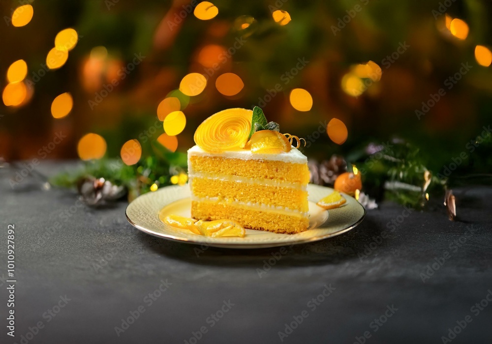 Poster A slice of layered cake topped with orange zest and a sprig of mint rests on a plate against a dark background with blurred bokeh lights.