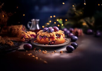 A freshly baked plum cake with a crumble topping sits on a plate with fresh plums around it, illuminated by warm, glowing lights.