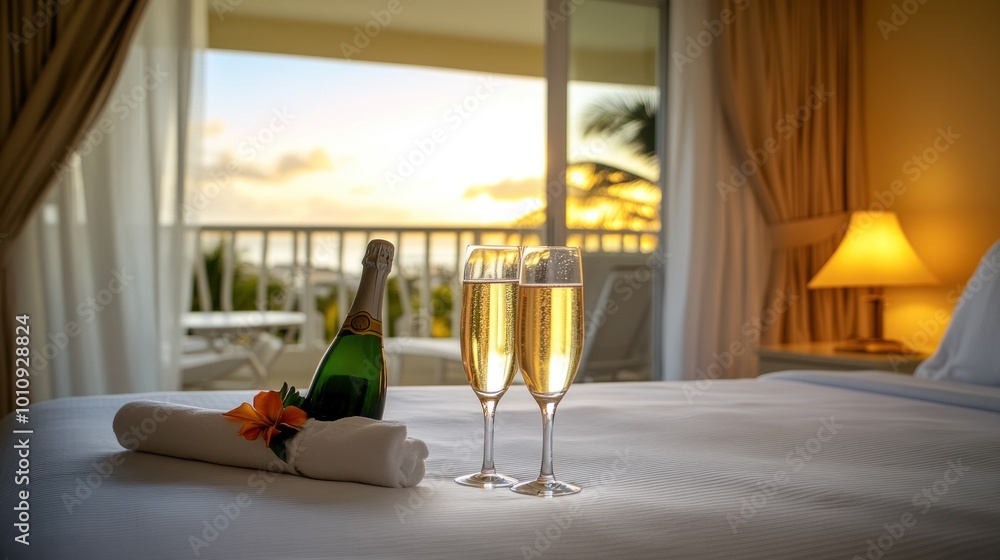 Canvas Prints A romantic setting with champagne and glasses on a bed, overlooking a sunset view.