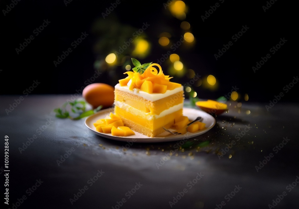 Poster a slice of layered cake with whipped cream and mango, topped with fresh mango pieces and a sprig of 