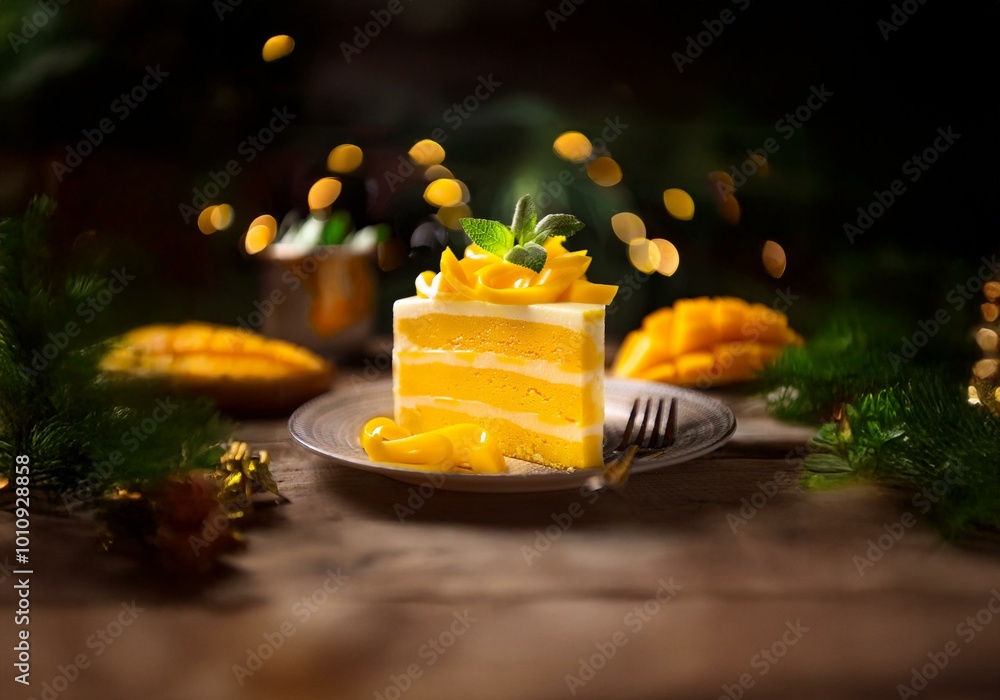 Aufkleber a slice of yellow cake with white frosting and fresh mango sits on a plate with a fork.
