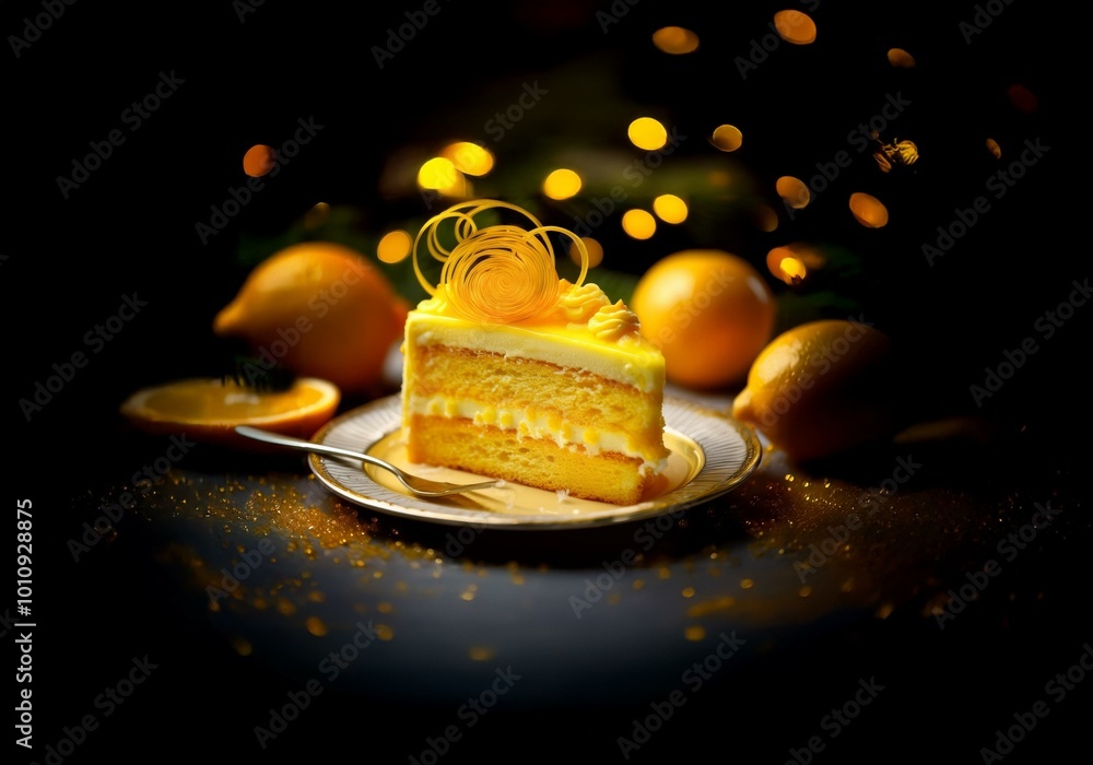 Poster A slice of lemon cake with a swirl of lemon zest on a plate with lemons around it. The background is dark with bokeh lights.