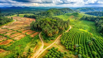 Fototapeta premium The palm oil industry in Borneo drives extensive rainforest destruction, resulting in critical biodiversity loss and posing serious threats to various endemic species' survival.