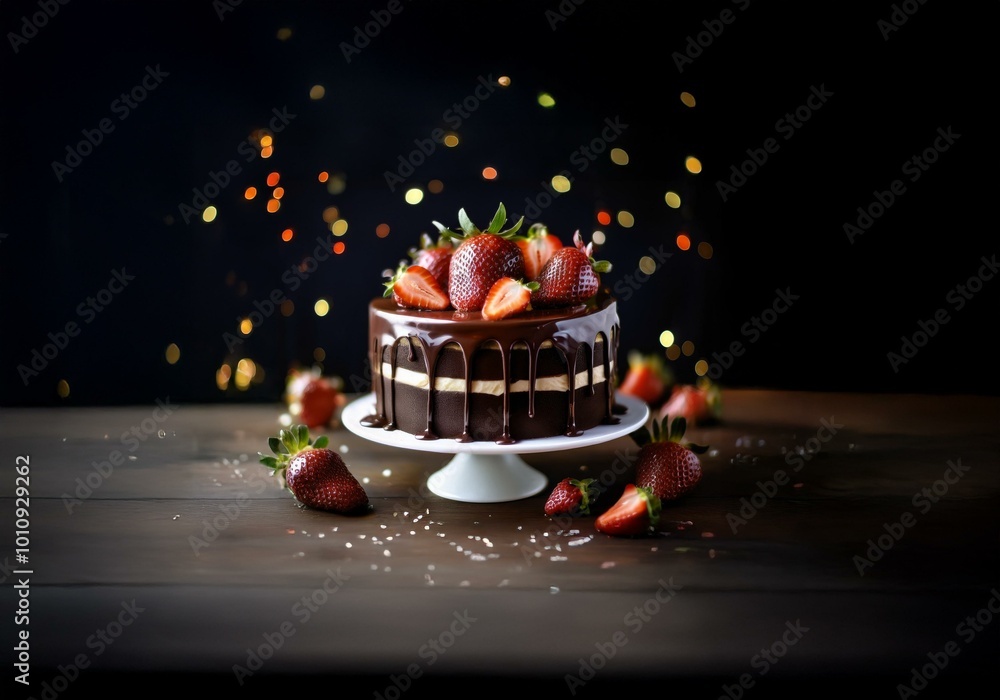 Poster A chocolate cake with a layer of white frosting topped with fresh strawberries is on a cake stand against a dark background with bokeh lights.