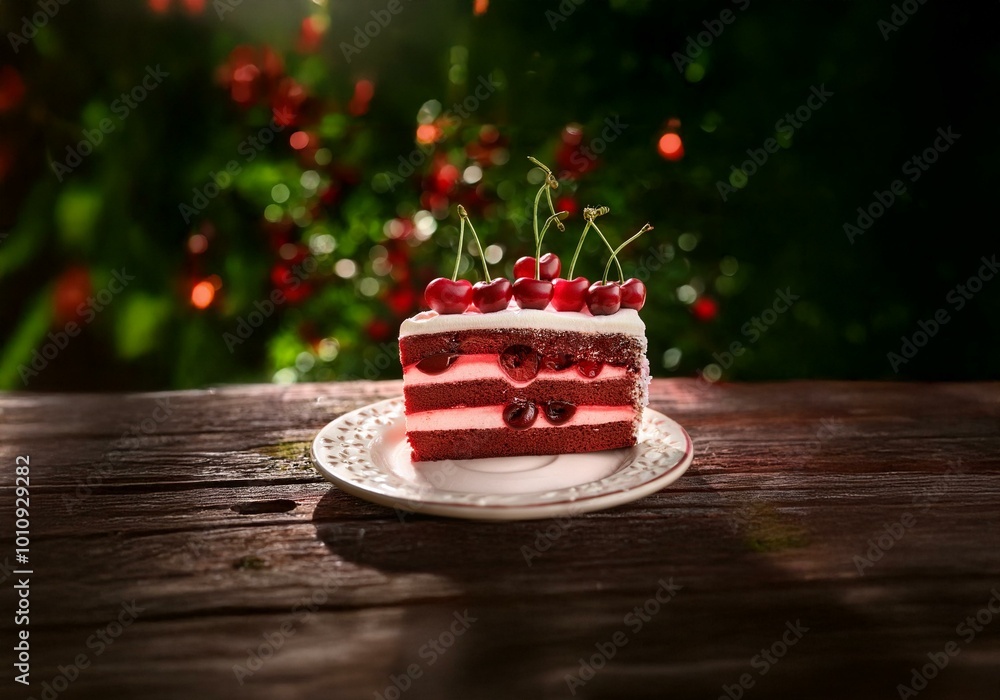 Poster a slice of red velvet cake with cherries on top sits on a white plate on a rustic wooden table with 
