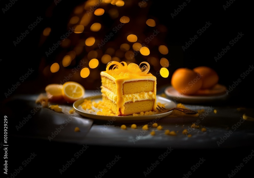 Poster a single slice of lemon cake on a plate with a lemon wedge and blurry orange fruit in the background
