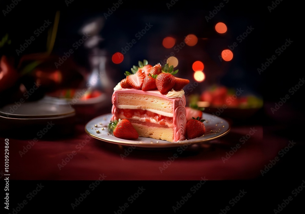 Poster a single slice of strawberry cake on a plate with a gold rim. the cake is layered with frosting and 