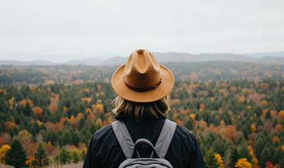 A woman wearing a brown hat and a backpack stands on a mountaintop, looking out at a panoramic view of colorful autumn foliage. The image evokes a sense of peace and tranquility, as the woman enjoys t