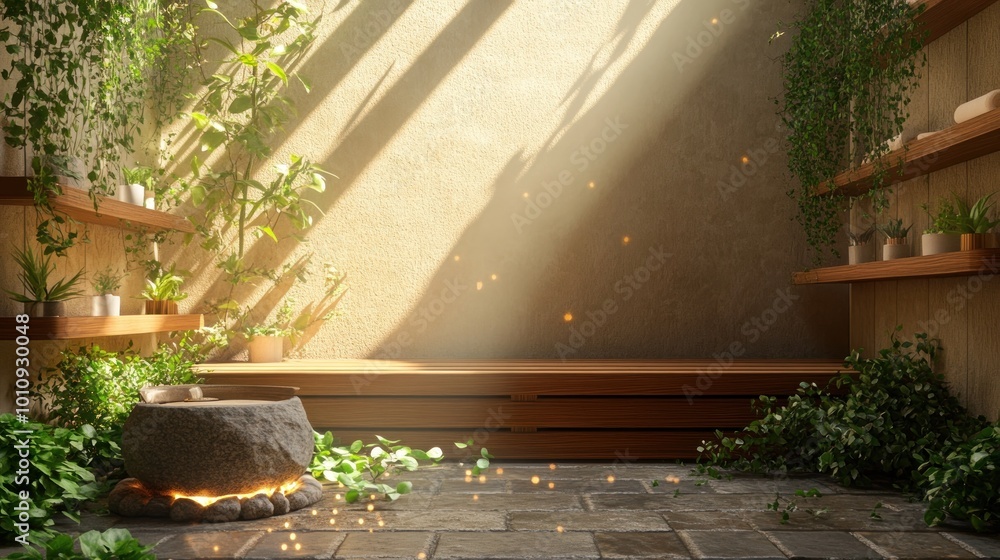 Wall mural A serene indoor space with plants, natural light, and a cozy stone feature.