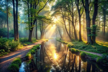 Obraz premium In the ethereal forest at dawn, sunlight dances through the trees, casting magical reflections on tranquil waters, inviting exploration and stirring the soul's imagination.