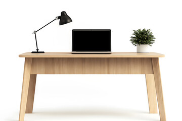 Modern wooden office desk with modern laptop computer isolated on white background