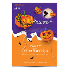 Happy Halloween party poster .Drawing placards , graveyard and pumpkin background. Art cover horror night. October 31	
