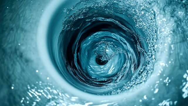 top view of water spiraling down a bathtub drain, household plumbing and hygiene