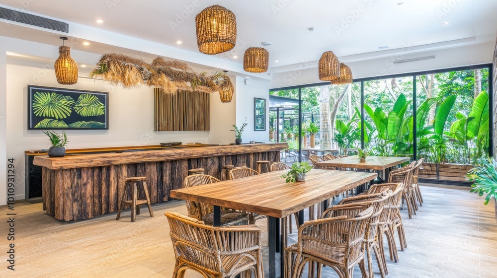 Sticker Modern dining space with natural decor and greenery.