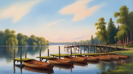 Fototapeta premium A serene lake scene with rowboats docked, wooden bridges, and a beautiful sky, perfect for relaxation and tranquility. 