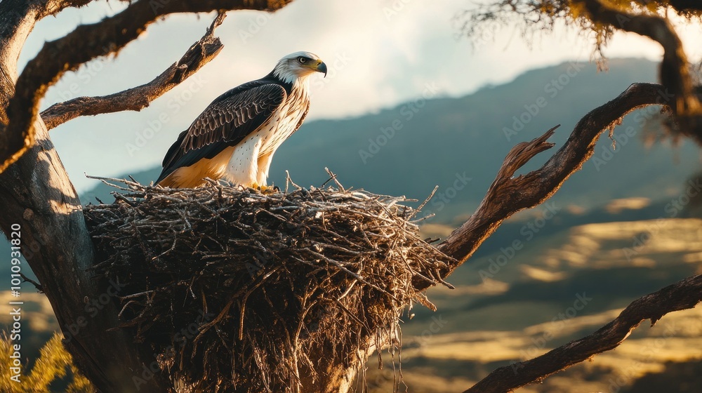 Poster A majestic eagle perched on its nest, surrounded by a scenic landscape.