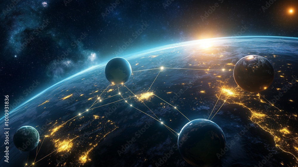 Poster exploring the multiverse theory with connected earths and cosmic energy in a vast space